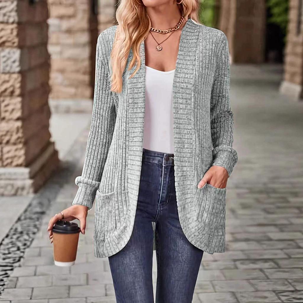 Damen Strickjacke mit langen Ärmeln, V-Ausschnitt, offene Vorderseite, lässiger lockerer Schnitt, Mantel