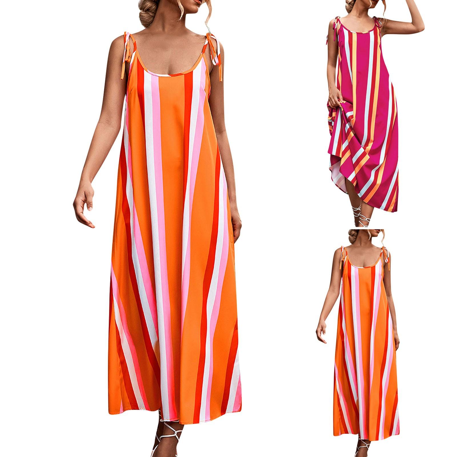 

Женская мода Повседневная круглая шея Сексуальная спинка Контраст Цвет Полосатый печатный слинг Длинное платье