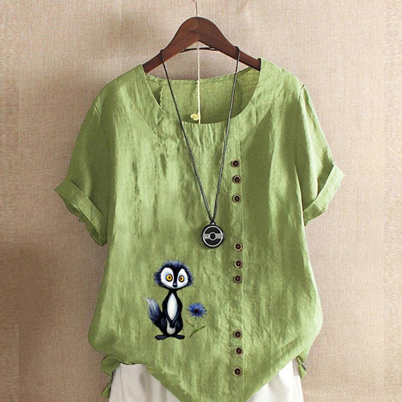 Women's Fashion Blue Fox Prined Short Sleeve T-shirt Loose Cotton Shirt Casual Loose Summer Blouse Tops Plus Size