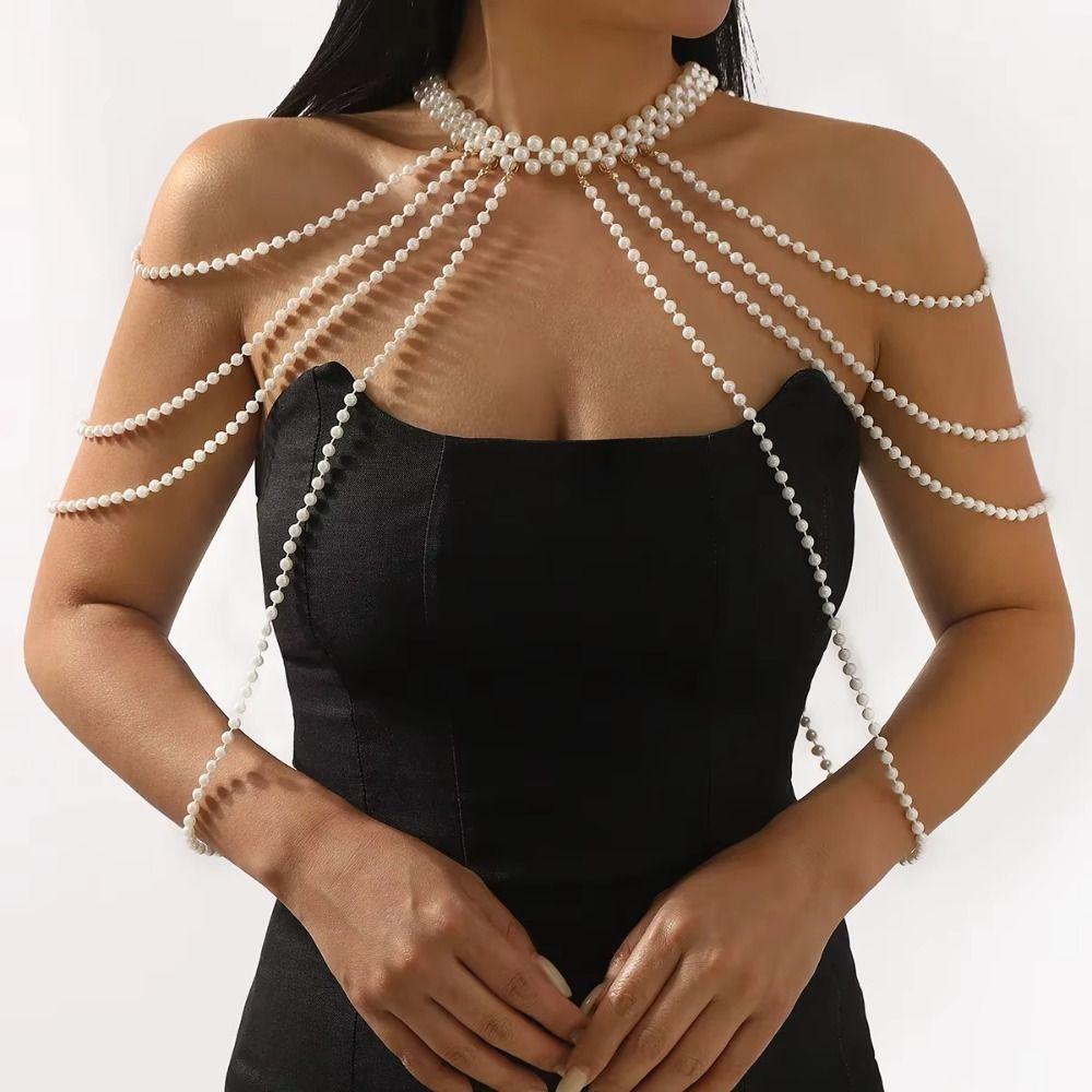 Gold/Silver Chain Imitation Pearls Shoulder Chain Round Bead Bridal Tassel Necklace  Fashion Events