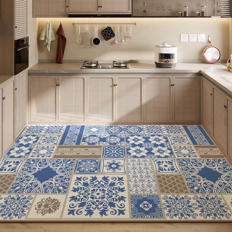 Rug for Kitchen Waterproof Floor Mat Pvc Leather Non-slip Carpet Large Blue Carpets Retro Classic Pattern Home Decoration Rugs