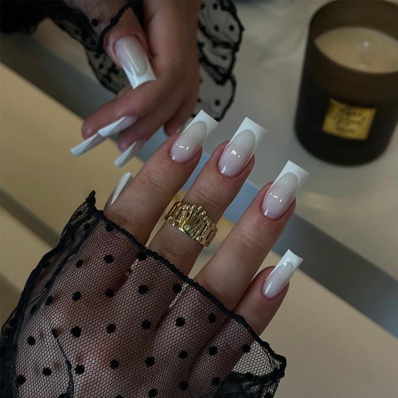 

Mid-Length Milky White Gradient French Nail Art Tips UV Gel Glue Set