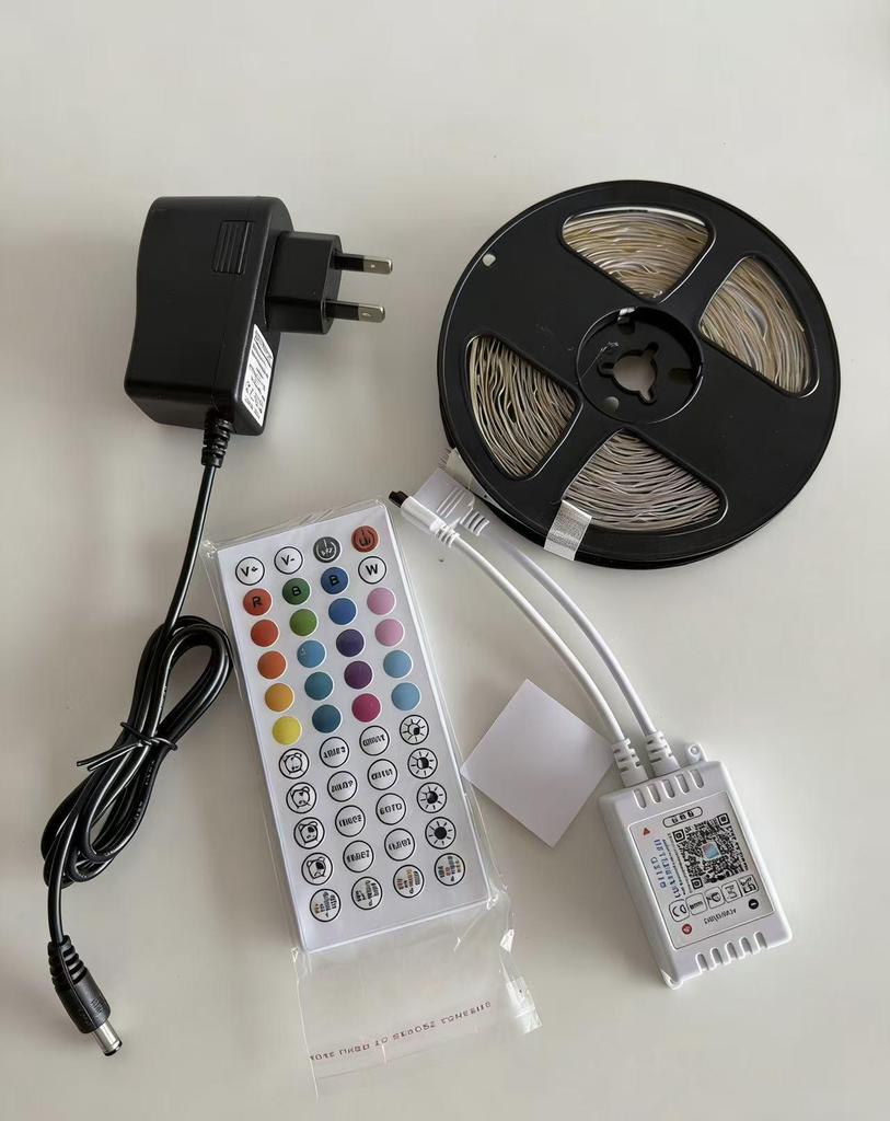 12V RGB Bluetooth 5050 LED Strip Light Set, 44-Key Remote & App Music Sync, Seven-Color Atmosphere Lighting for Bedroom