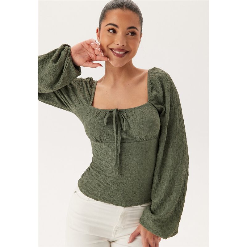 

European and American Foreign Trade More than RMB Pleat Sexy Square Collar Lace-up Elastic Women s Long Sleeve Spring Shirts Top T-shirt Army Green L