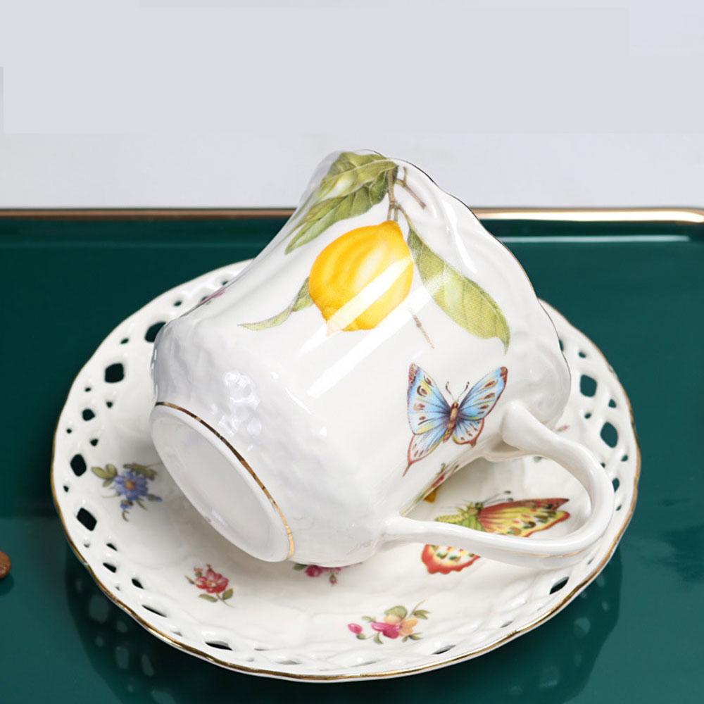 European Ceramic Lemon Butterfly Coffee Cup and Saucer Set with Spoons British Afternoon Tea Set 100ML Small Capacity