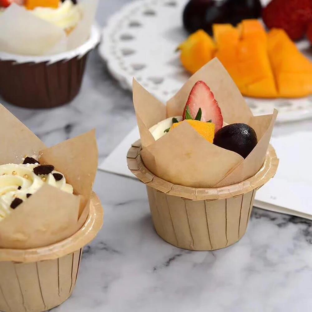 50pcs Tulip Paper Cups Cake Cup Oven High Temperature and Oil Resistant Flame Cups Disposable Oil Proof Liner Paper Holder Bread Baking Mold