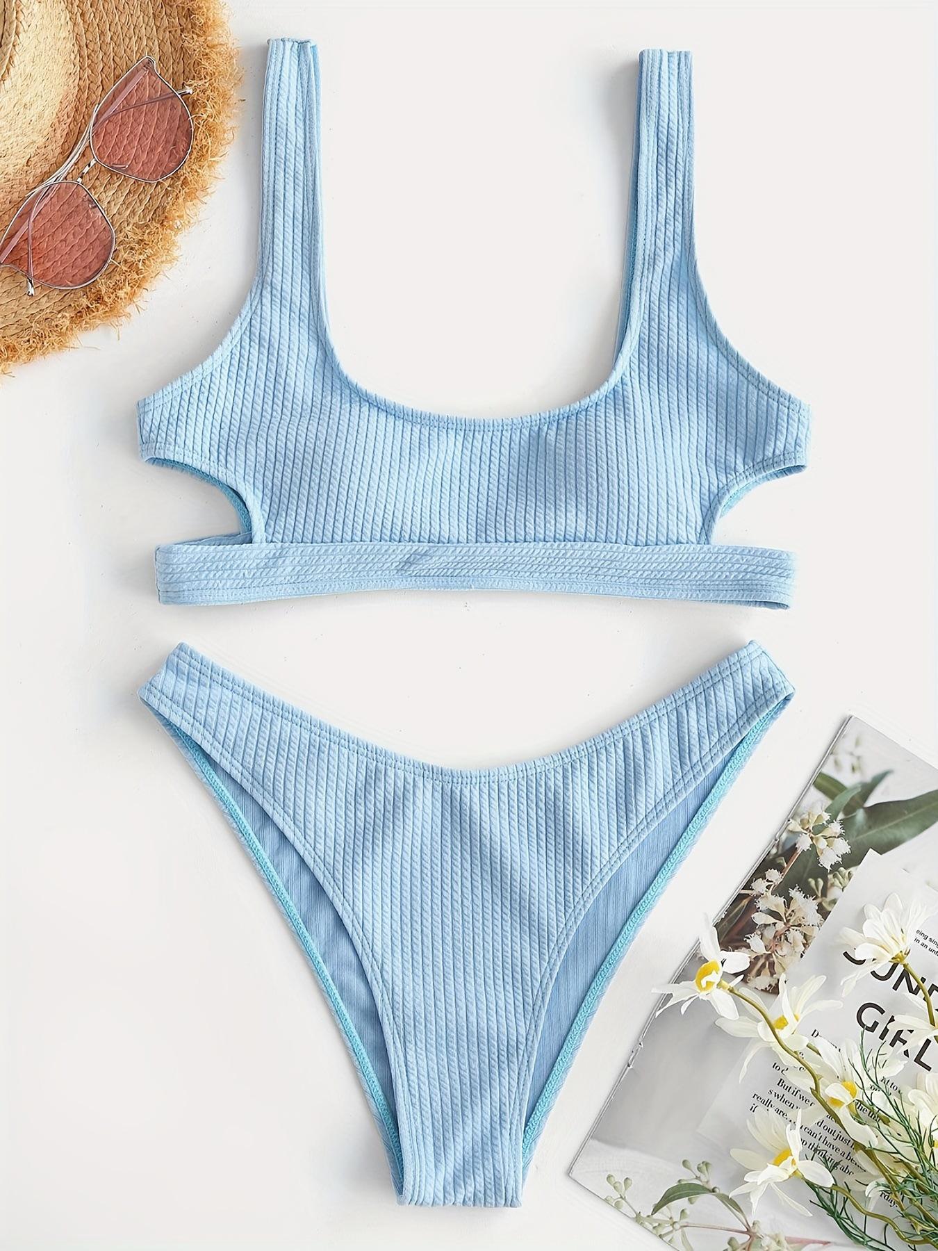 

Европейский и американский ребристый раздельный купальник: Однотонный комплект бикини для женщин Large небесно-голубой