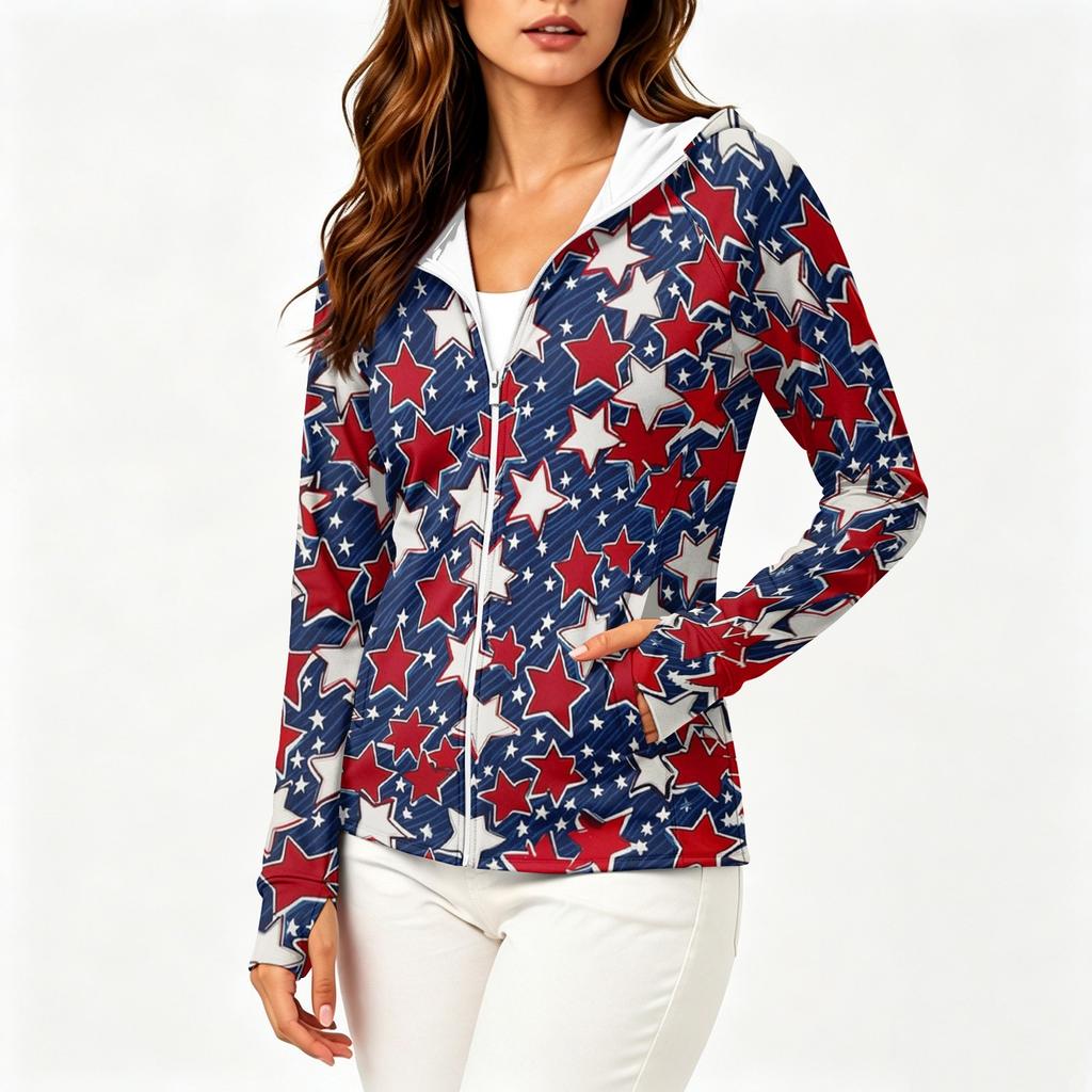 Women's Fashion Zip Up Hoodie Lightweight Long Sleeve Hooded Jacket with Pockets Printed Design Sun Protection Outerwear for Casual Wear