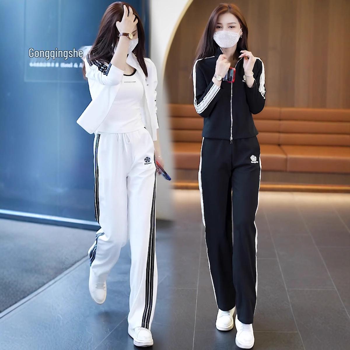 

Women s 2025 Autumn Korean Style Chic Two-Piece: Stand Collar Jacket & Wide-Leg Pants Suit L чорний