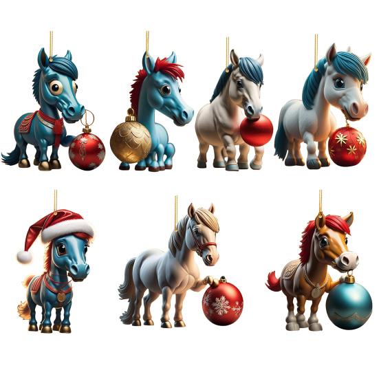 Horse Christmas Ornament Cartoon 2D Flat Horse Hanging Ornament with Santa Hat And Christmas Balls Acrylic Car Rear View Mirror Charm