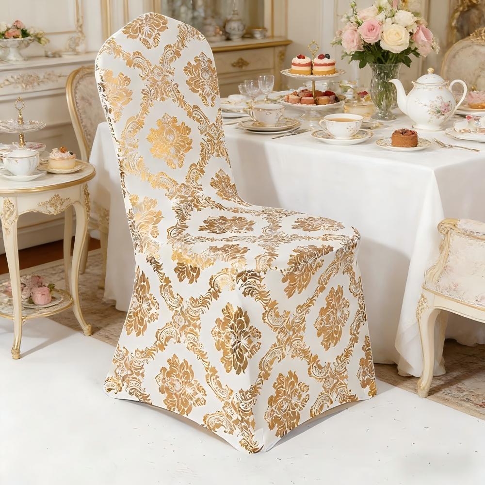 Bronzing Gold Silver Floral Spandex Chair Covers Washable Stretch Seat Covers for Wedding Birthday Party Holiday Decoration
