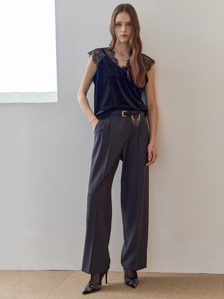 MAXZA Pintuck Detail High-Waisted Wide Slacks