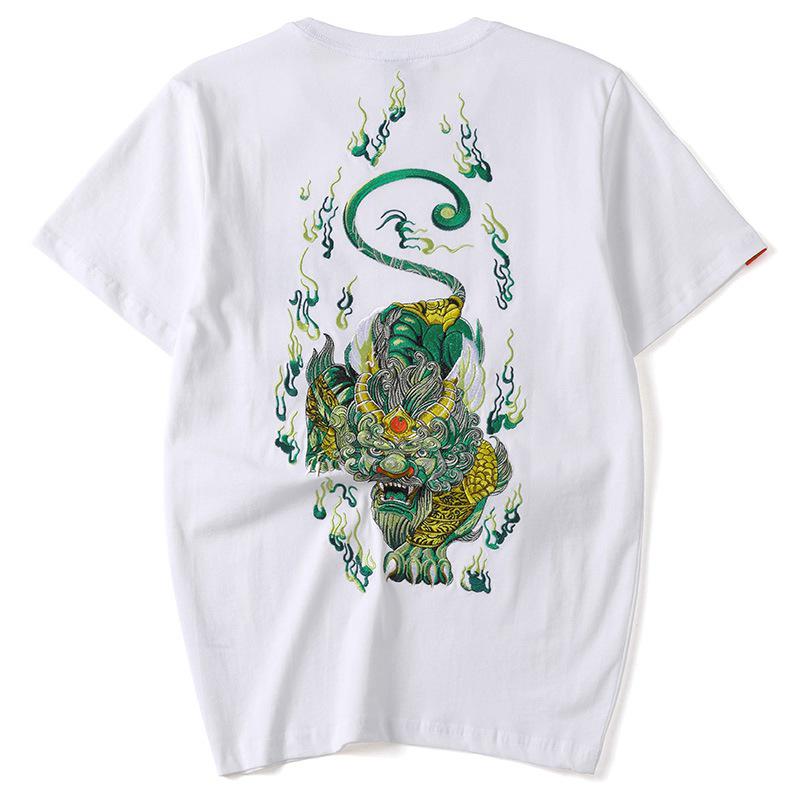 

Men s Chinese Style Embroidered Pixiu T-Shirt - Short Sleeve Casual Cotton Shirt 5XL белый