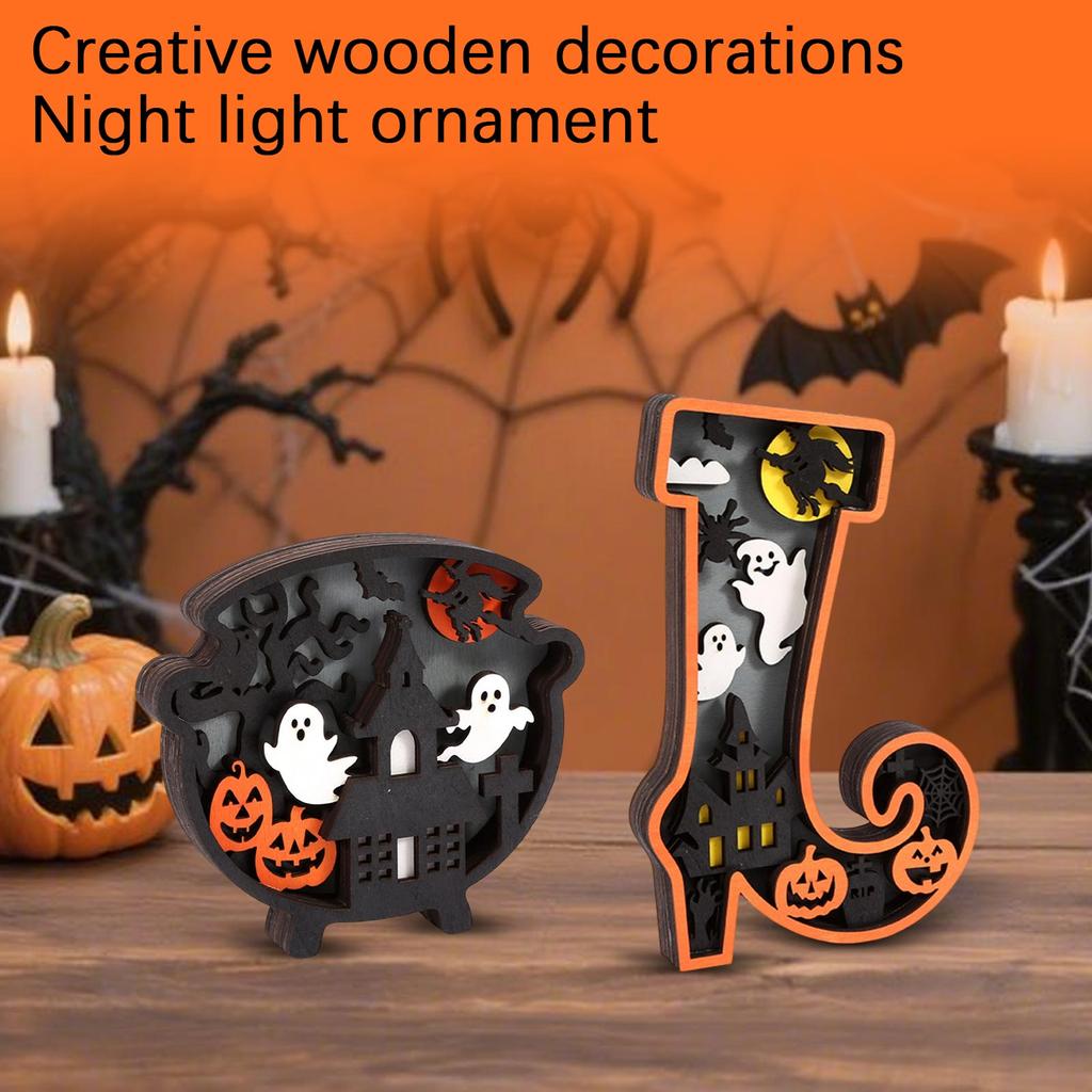 Wooden Halloween Decorative Night Light Sign with 3D Carved Pumpkin Ghost and Haunted House Design for Seasonal Indoor Display