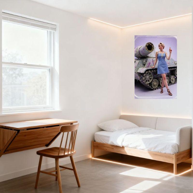 Sexy Blonde Woman with Tank Tin Sign Vintage Metal Poster, Light Blue Dress & Black Sandals, Aged Tank Background, for Home Cafe