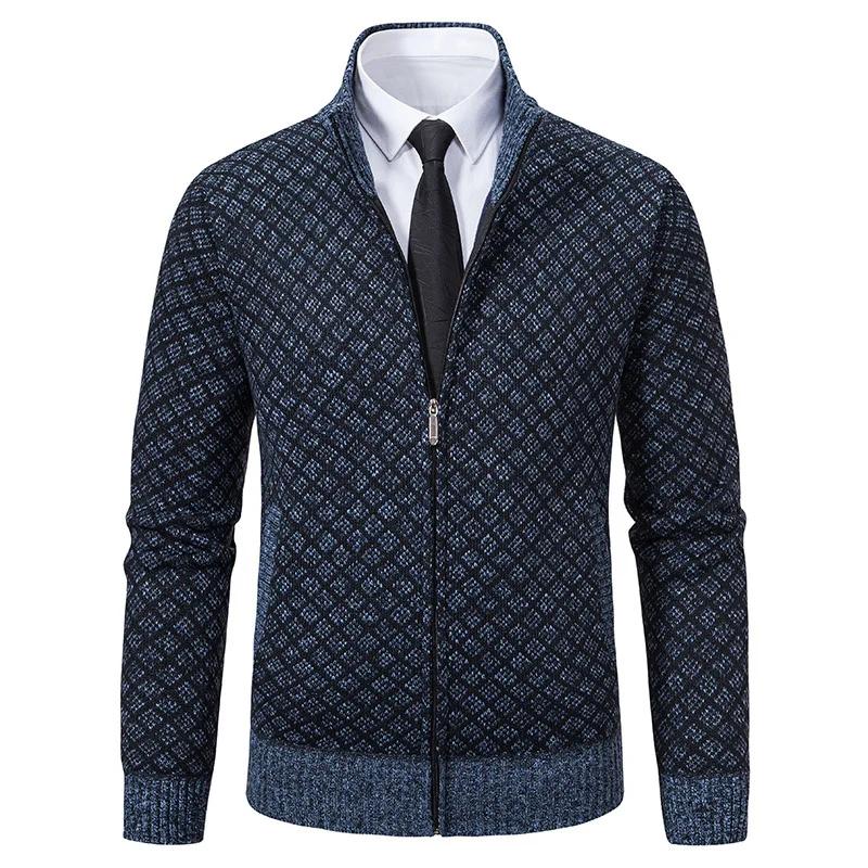 Men's Casual High Collar Long Sleeve Knitted Top with Velvet Warmth for Autumn and Winter Fashion Multi Functional Jacket