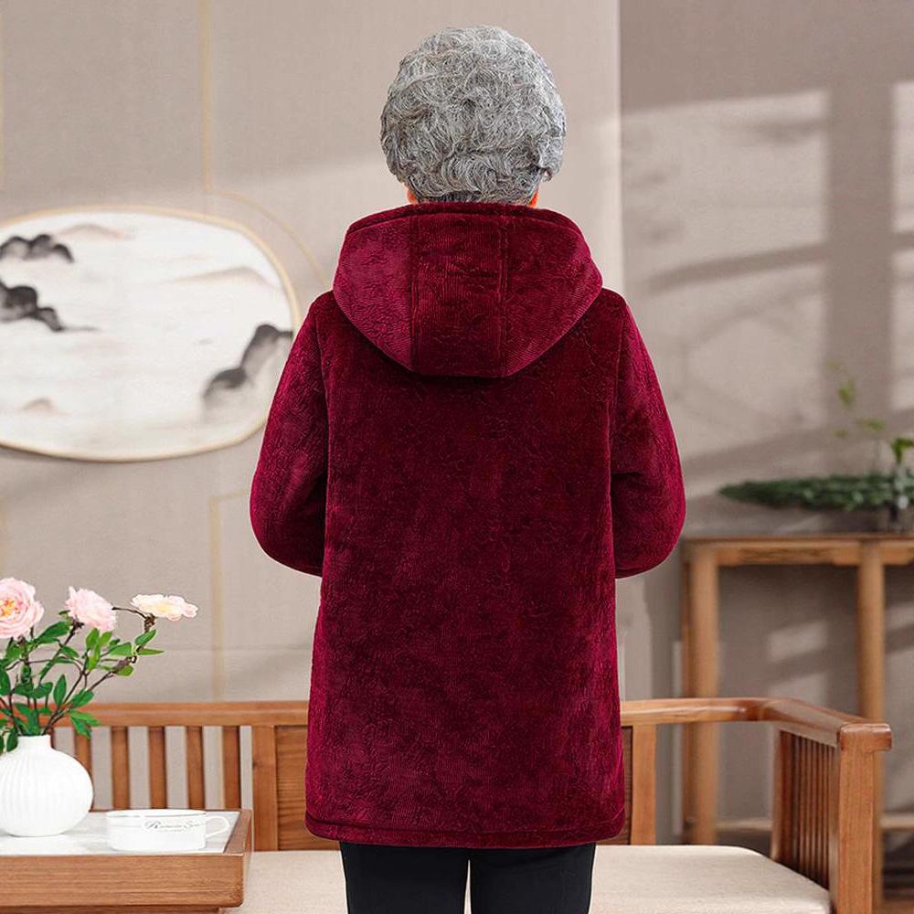 Warm Fleece-Lined Winter Jacket with Hood for Middle-aged and Elderly Women