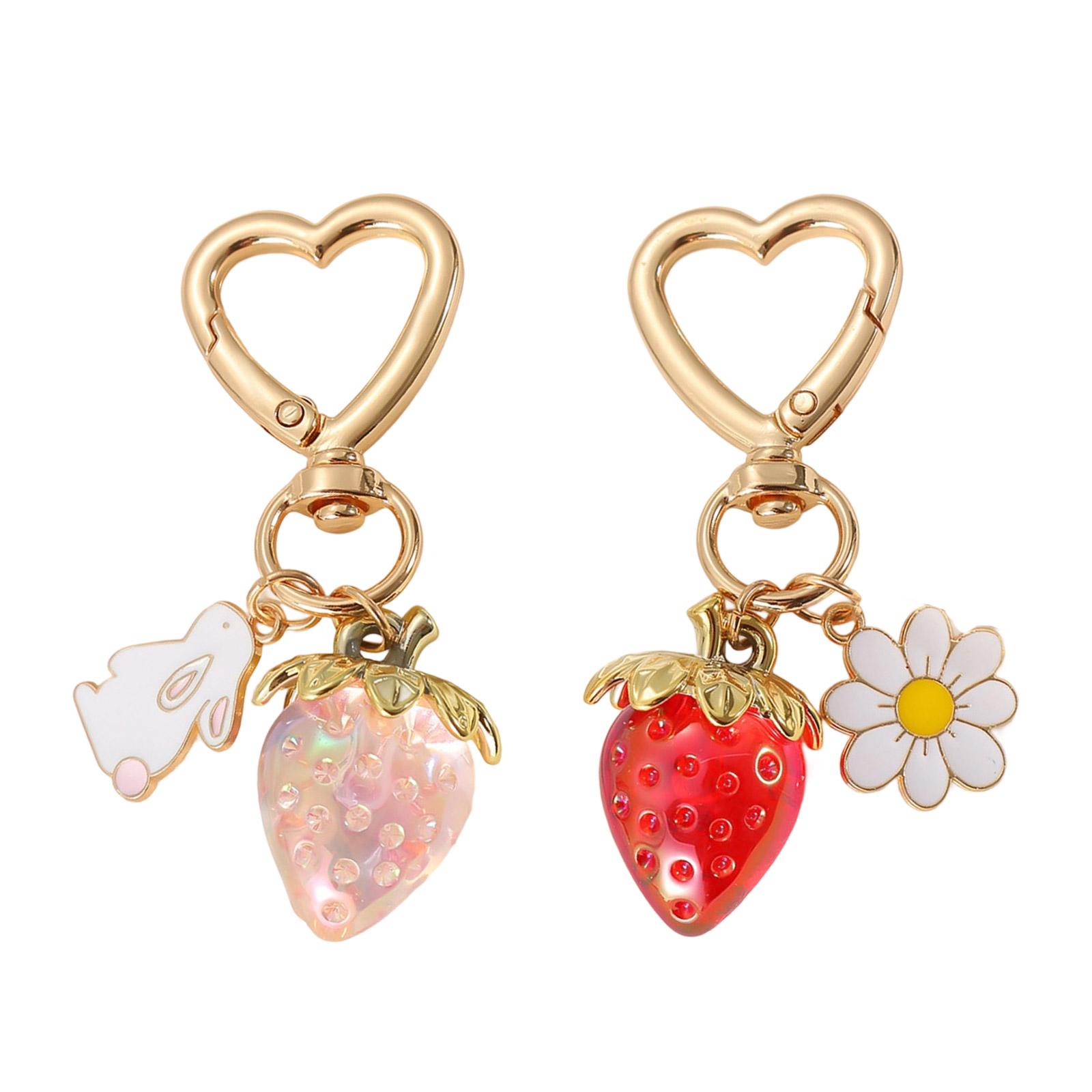 2 Pieces Strawberry Keyrings Rabbit Flower Design Bag Charm Handmade Key Holder Accessory For Women And Teen Girls
