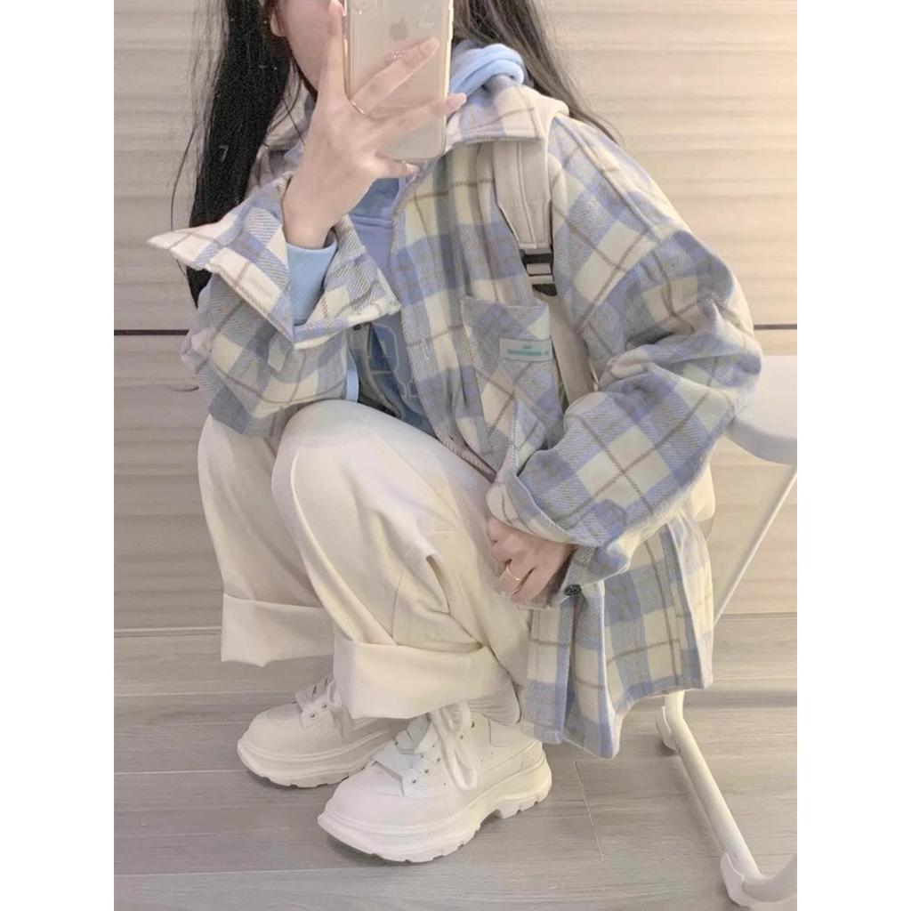 2025 Women's Retro Blue Plaid Shirt Jacket - Loose Fit, Long Sleeve for Spring & Autumn