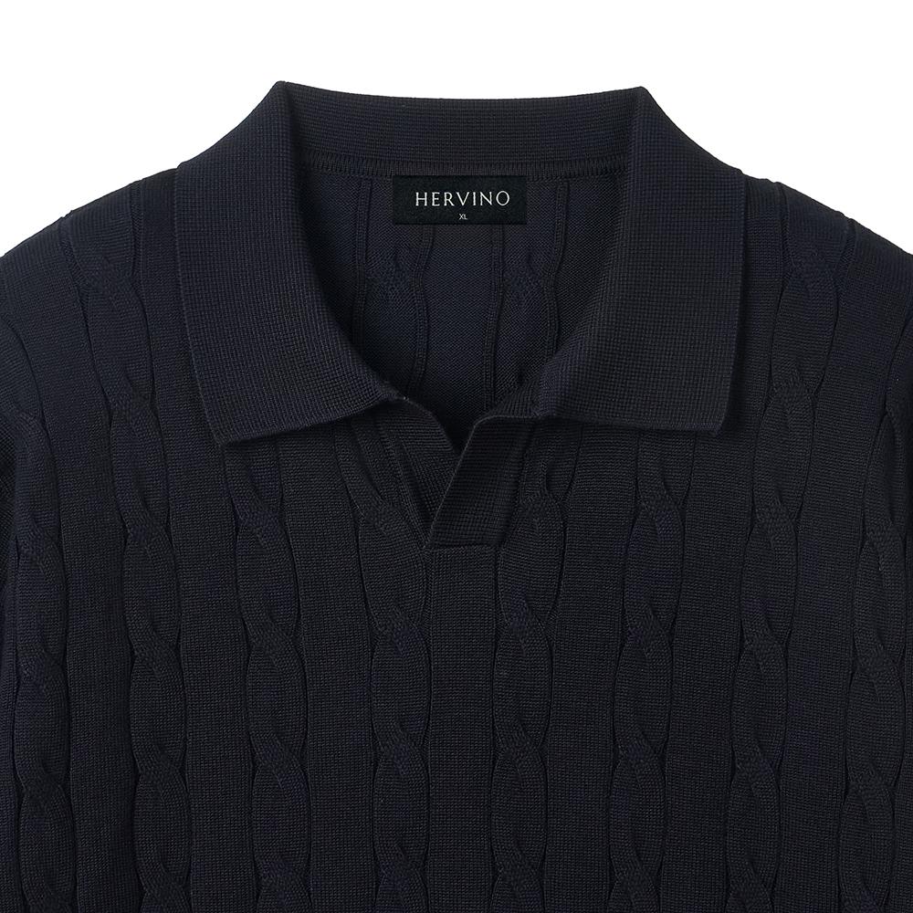 HERVINO Soft Cable Open Collar Muscle Knit [Navy]