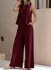 Versatile Two-Piece Set: Round Neck Sleeveless Top & Wide-Leg Pants - Casual Solid Color Ensemble