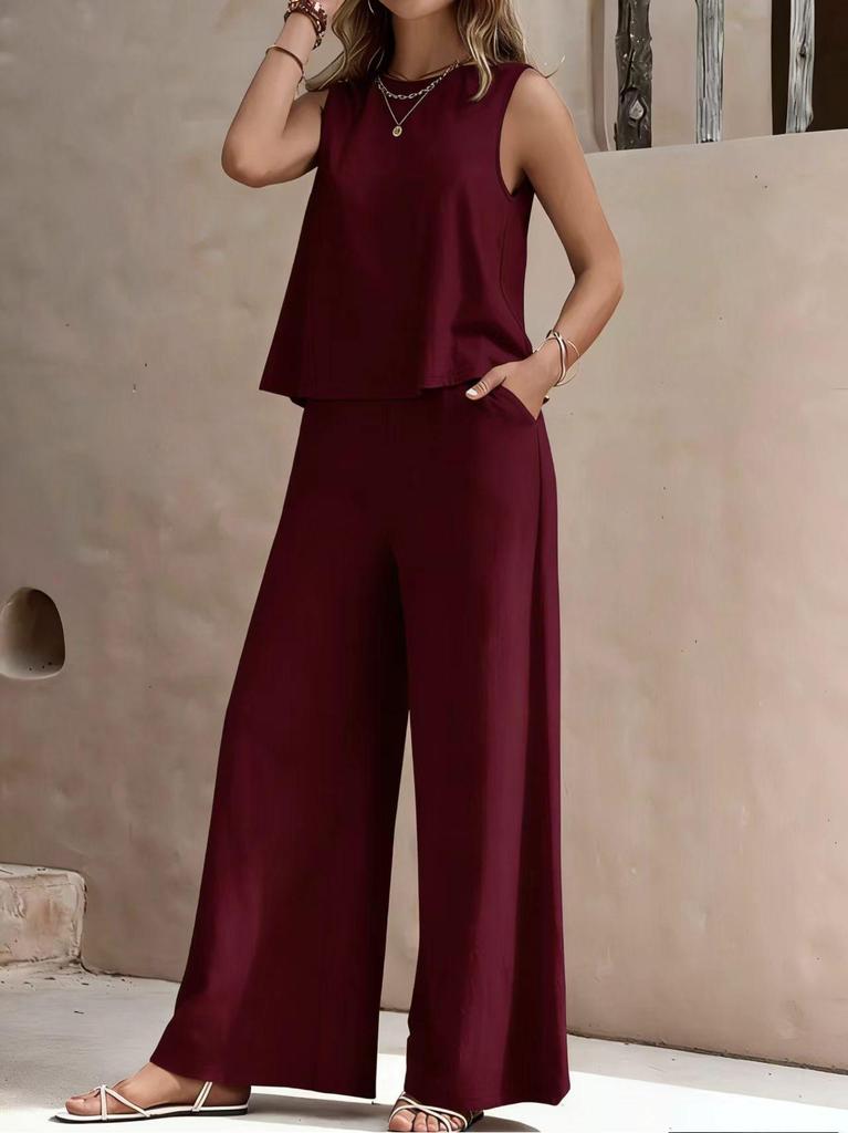 Versatile Two-Piece Set: Round Neck Sleeveless Top & Wide-Leg Pants - Casual Solid Color Ensemble