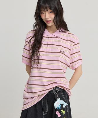 WAIKEI Striped Logo Pique Short Sleeve T-Shirt Pink