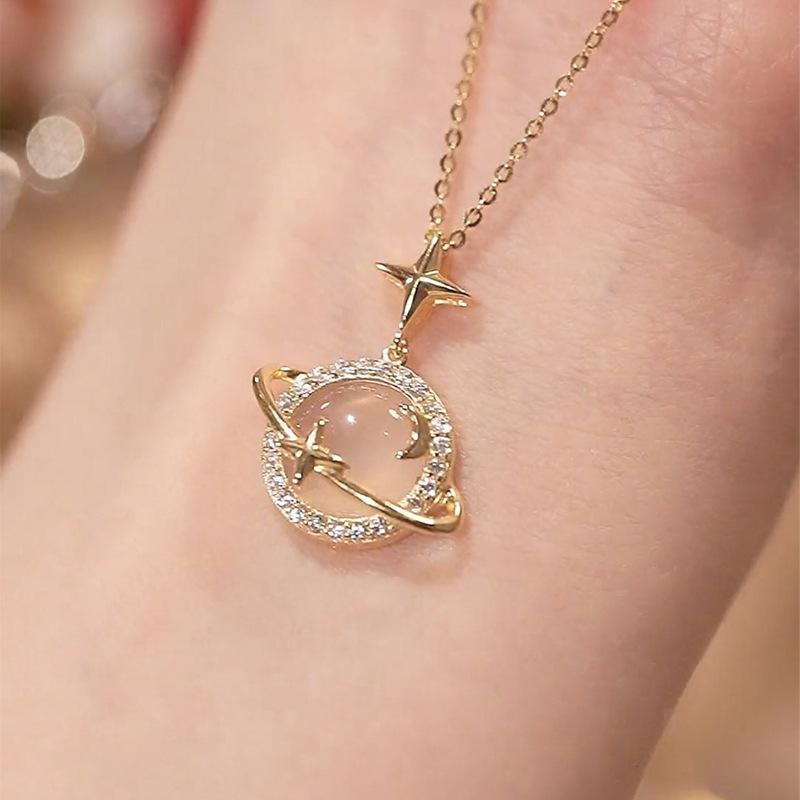 2024new Planet Opal Pendant Necklace Chain Stainless Steel Geometric Chokers Necklaces Women's Simple Wholesale