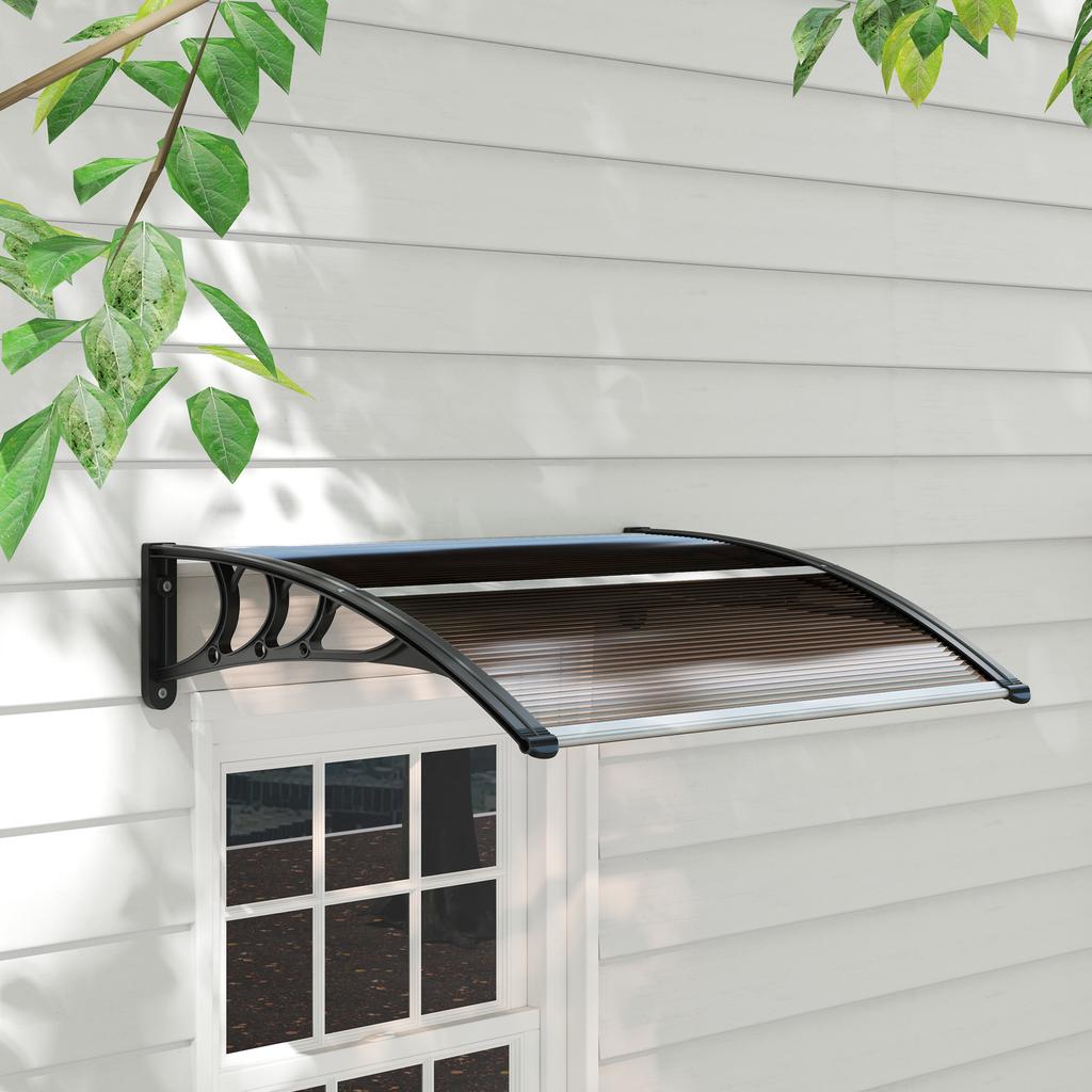 Front Door Canopy Outdoor Awning Aluminium Rigid Plastic Polycarbonate Rain Shelter UV Water Rain Resistant 120 X 75cm Brown