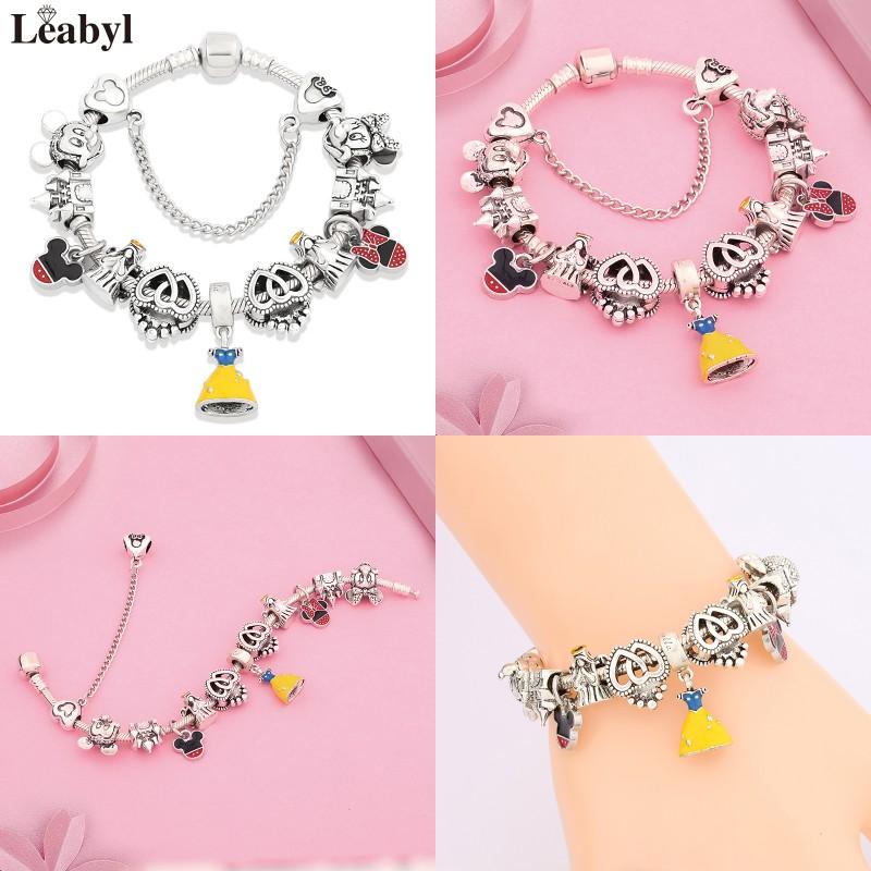 Potdemiel Pink Enamel Crystal Minnie Charm Bracelets Silver Color Heart Cartoon Bead Jewelry for Women Girl Gift