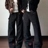 Mens Relaxed Straight Leg Jeans American Retro Red Line Star Embroidery Rivet Black Casual Denim Pants