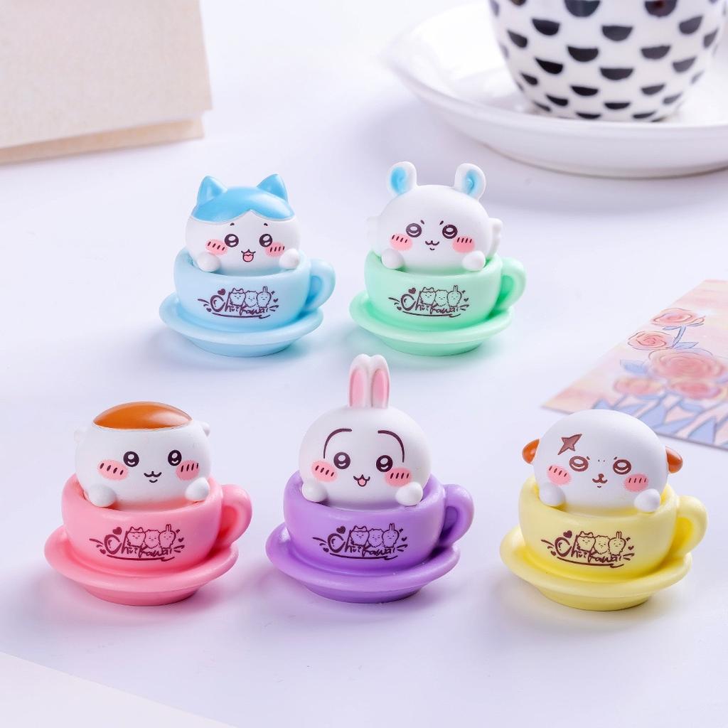 Cute Chiikawa Figures Mini Teacup Toy Set Hachiware Usagi Momonga Lion Desk Decoration Collectible Kawaii Ornaments Gift