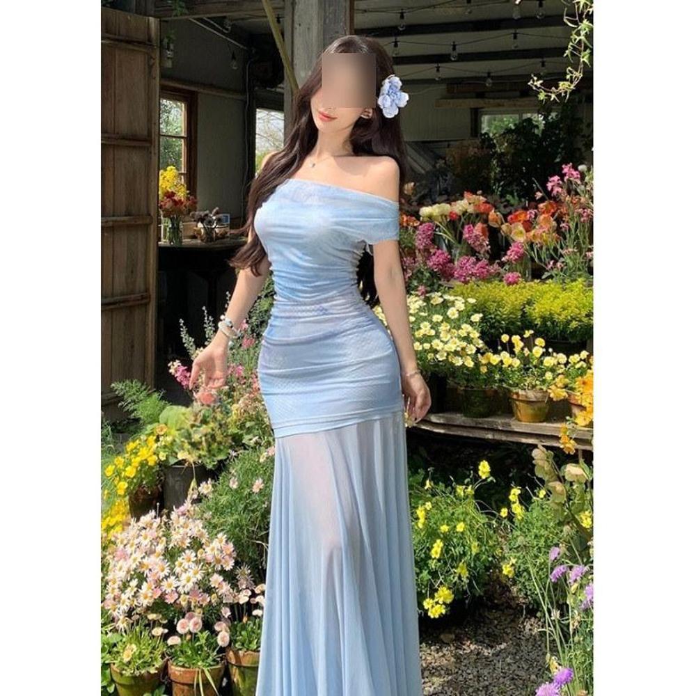 Wind Tube Top Tulle Slimming Holiday Slanted Shoulder Atmosphere Slightly Transparent Kinked Long Dress Dress Women's Summer