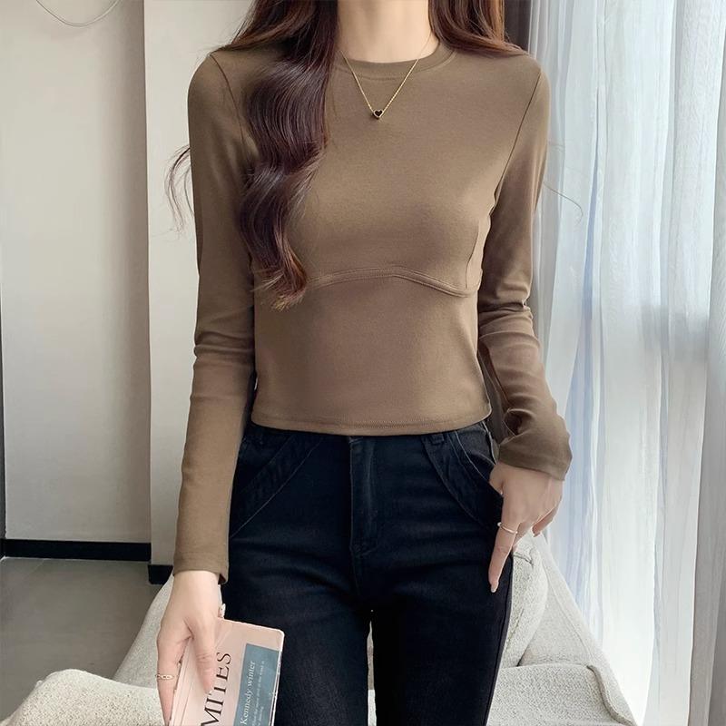 Right Shoulder Round Neck Long Sleeve T-shirt Autumn and Winter Solid Color Versatile Bottoming Layer
