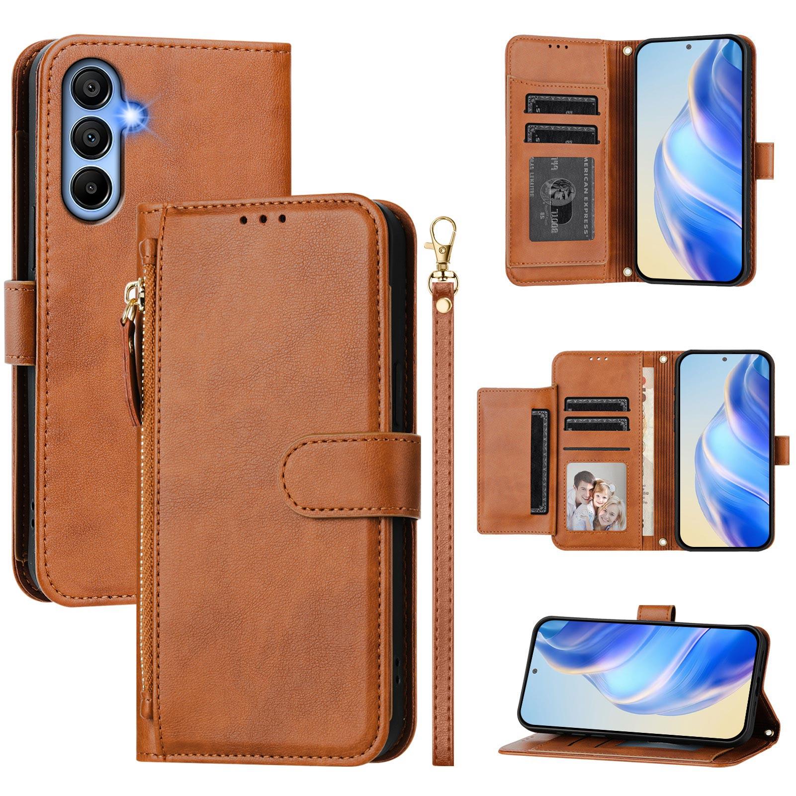 

For Samsung Galaxy A15 4G/Galaxy A15 5G Case Zipper Pocket Multiple Card Slots Leather Phone Cover Brown