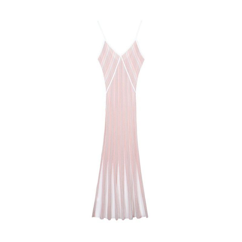 Premium spring and summer elegant V-neck sleeveless Tencel gold and silver thread striped A-shaped pullover knitted dress S