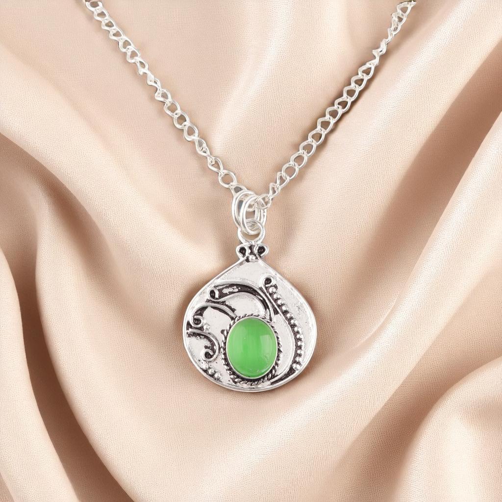 Green Cat's Eye Gemstone 925 Sterling Silver Jewelry Handcrafted Pendant 1.45" PP-27-38