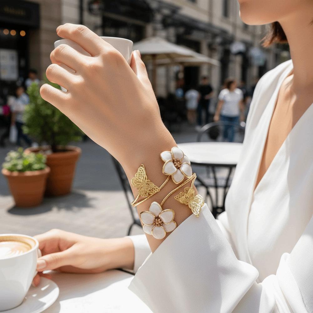 Artistic Drip Oil Flower Arm Ring Vintage Butterfly Open Bangle  Fashion Accessory