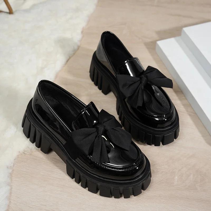 Fashion College Style Black Japan School Uniform Shoes Women Big Bowtie Chunky Platform Pumps Woman Thick Bottom Patent Leather Loafers