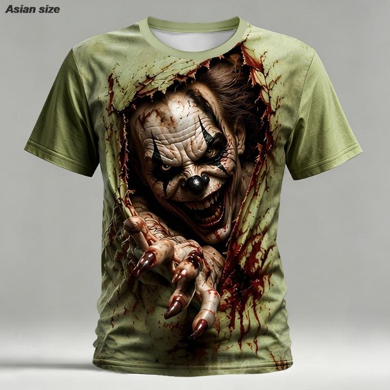 Maglietta da uomo Halloween Illusione Ottica Clown Spaventoso 3D Manica Corta Girocollo Horror Club Festa Streetwear