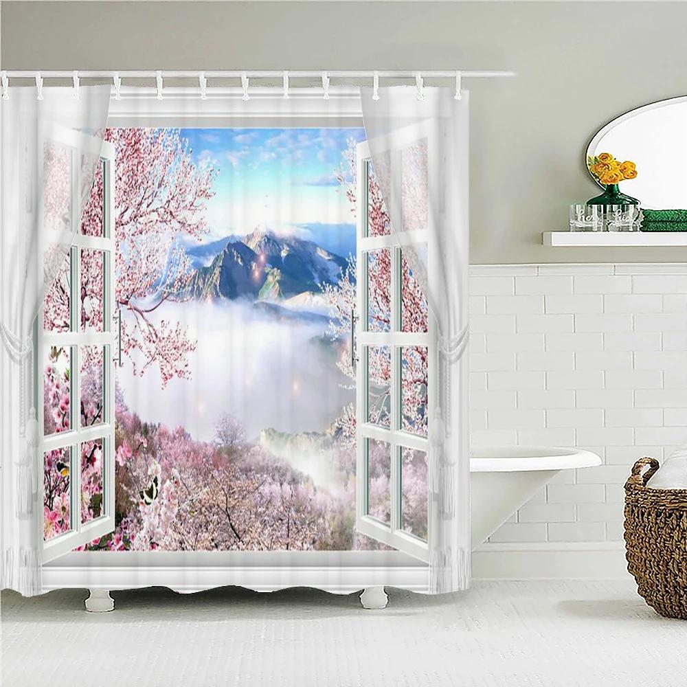 Bath Curtain 3d Printing Window Scenery Forest Shower Curtains 180*200cm Waterproof Bathroom Curtain Washable Fabric With Hooks