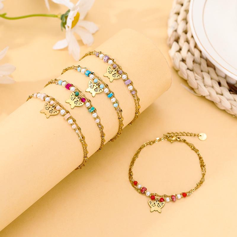 Stainless Steel Butterfly Bracelet: Double-Layer, Light Luxury Design with Natural Stone for Versatile Fashion