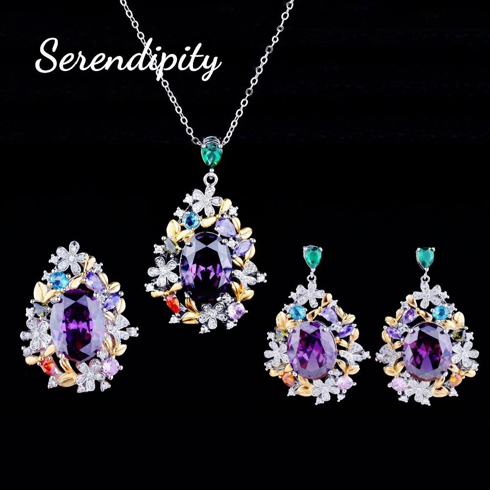Женский набор украшений Итальянское двухцветное золото Тайный Сад Подвеска Кольцо с бриллиантами и аметистом Искрящиеся Цветочные серьги