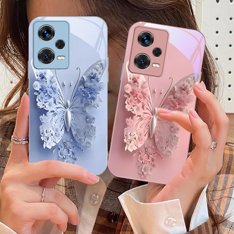 Green Flower Butterfly For Xiaomi Poco M4 X7 F7 Ultra x7pro F7 F6 X6 Pro F5 F4 X5 X3 F3 X2 F4 GT M3 X4 GT Tempered Phone Case