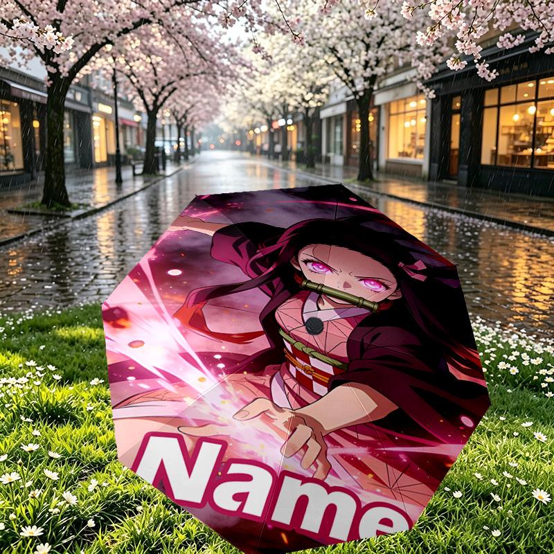 Custom Name Personalized Demon Slayer Print Umbrella, Auto Open Close, 8‑Rib Sturdy Frame, Commute Camping Hiking Use, Birthday Gift