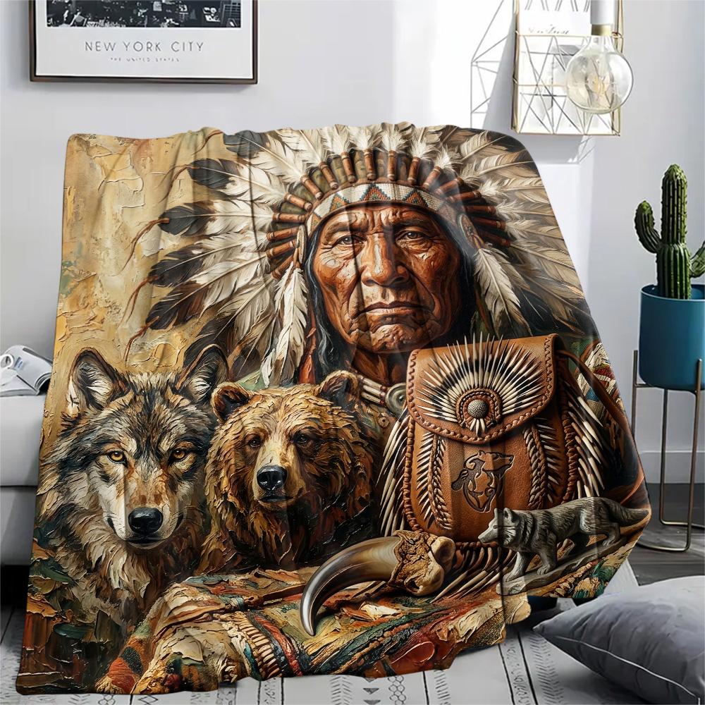 1Pc Indian Chief Painting Print Flannel Blanket High Quality Warm Comfortable Cover for All Seasons Perfect for Gifts Home Decor