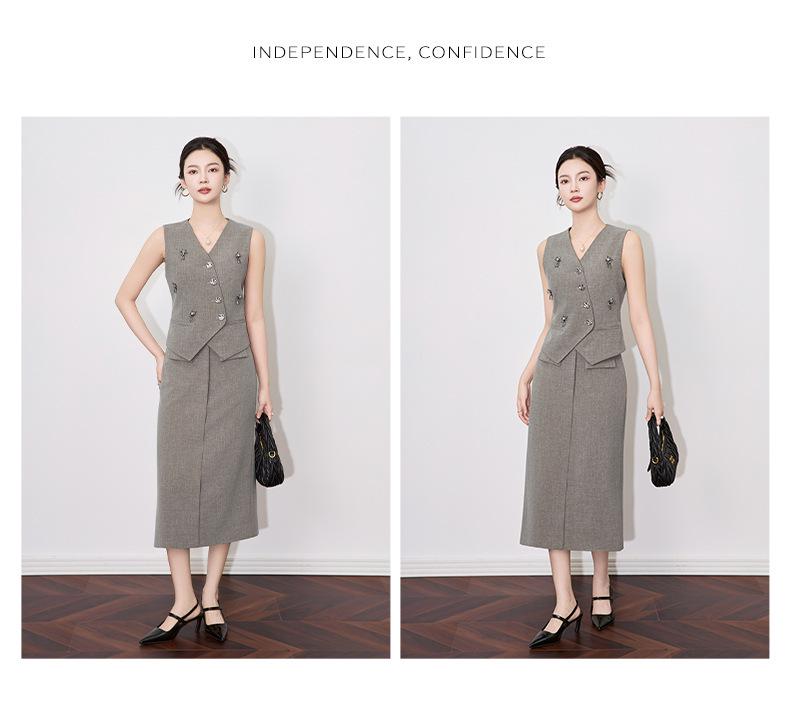 Old Money V-neck Button Vest & Fashionable Midi Skirt Two-piece Set