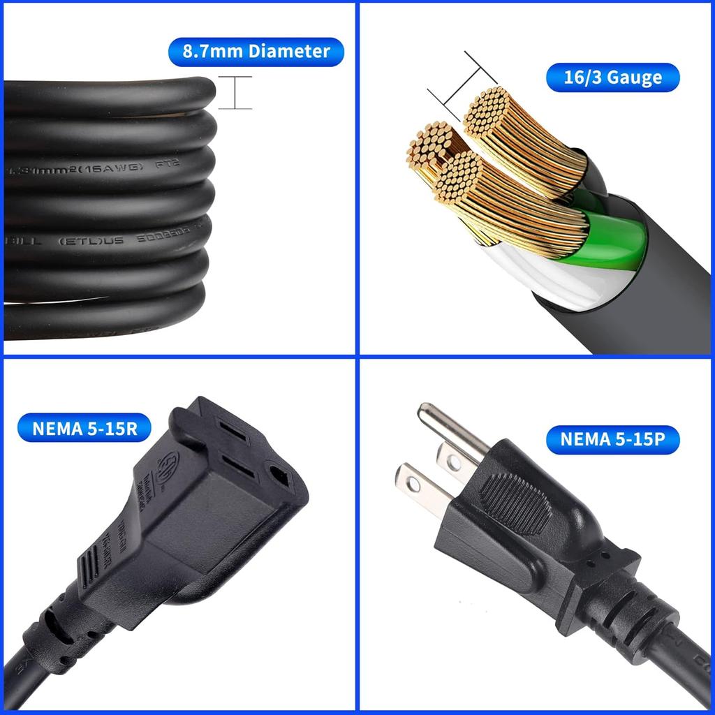 Y Splitter Extension Cord 6 Foot, 3 Prong Power Cord 1 To 2 Outlet Splitter, 16 Gauge 13A 1625W SJT Cable, ETL Listed, Black