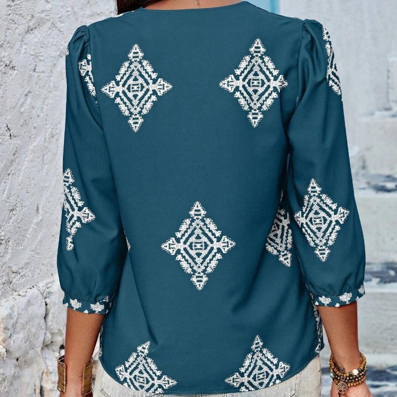 Summer New Fashion Printed V-neck Loose Blouse Women Seven Quarter Sleeve Casual Women's Shirts Tops Vintage Simple Slim Fit Female Blouses 26426