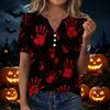 Women's Casual Halloween Printed V-Neck Short Sleeve Button Front T-Shirt